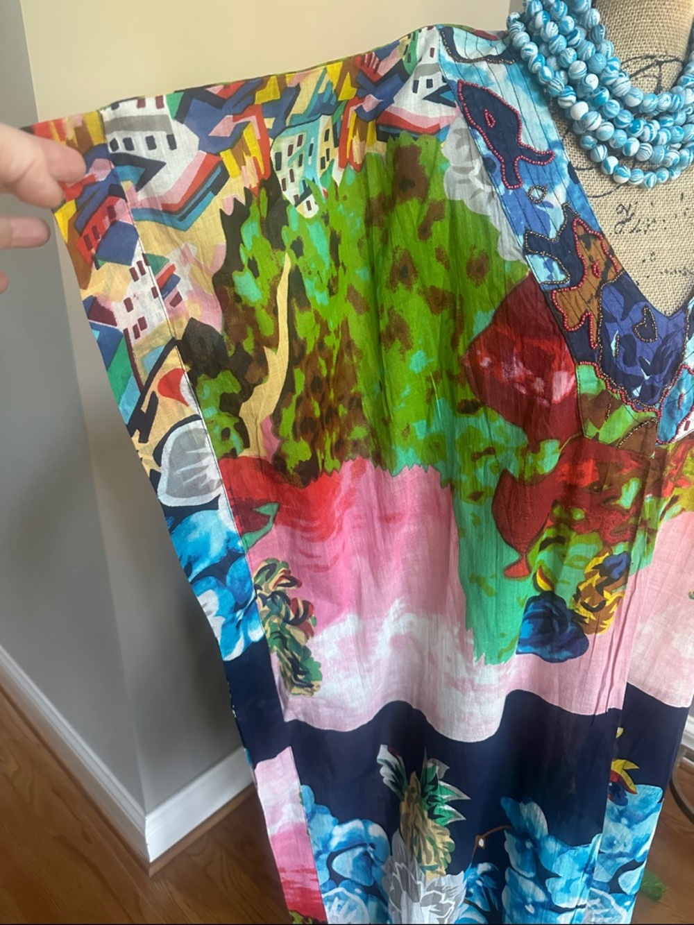 Colorful Floral V-Neck Kaftan Dress in Blue, Green & Pink NWOT one size